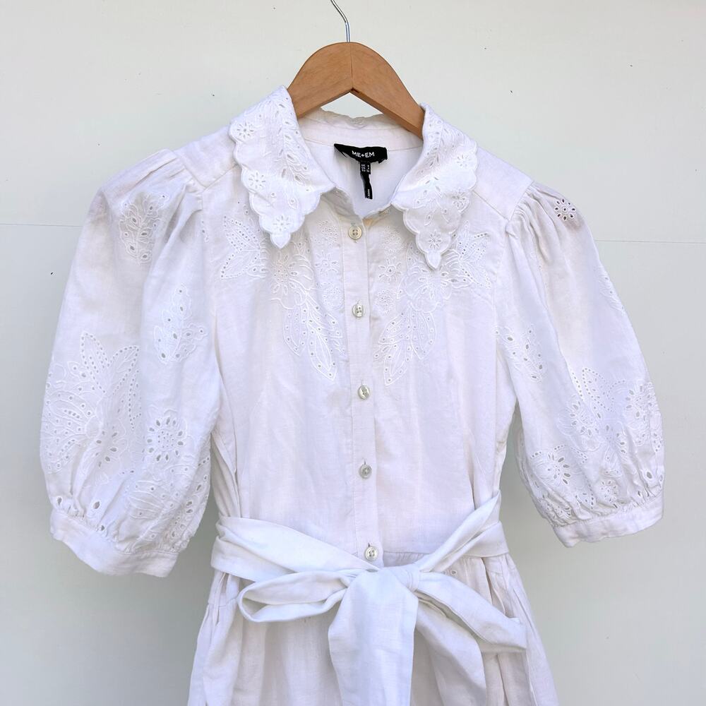 ME+EM Broderie Anglaise White Maxi Belted Puff Sleeve Dress Lace Cottage 0 - Picture 5 of 11